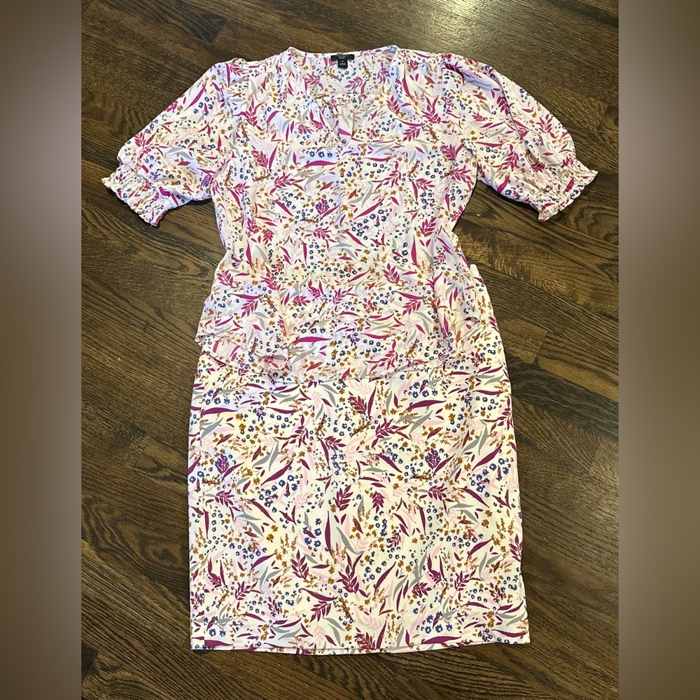 Ann Taylor Factory Floral Two-Piece Set Petite SP Top & 10P Skirt Career Church